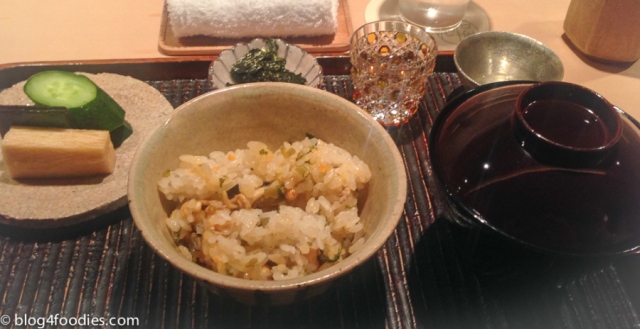Steamed rice with fresh Sea Urchin, Short-neck Clam and Wasabi Buds. Miso soup and pickled vegetables.