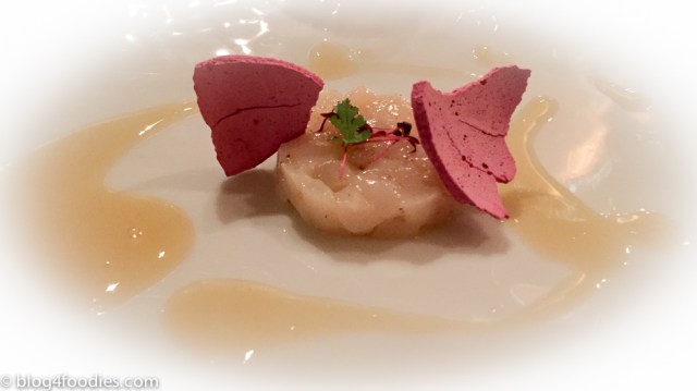 Smoked scallop tartare and red beef shell