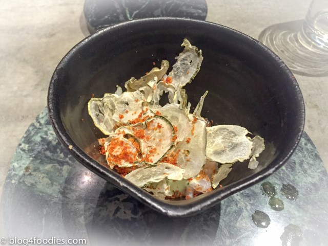 Norway lobsters. Dill Emulsion. Dried salted cucumbers. räkpulver.