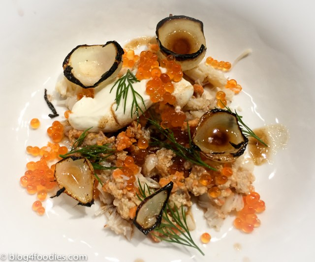 King crab. Yogurt. Dill. Butter. onions. Trout roe.