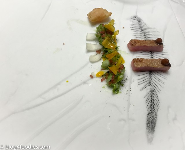 Grilled semi-baked red tuna with sisho and lime pesto “fettuccini”.