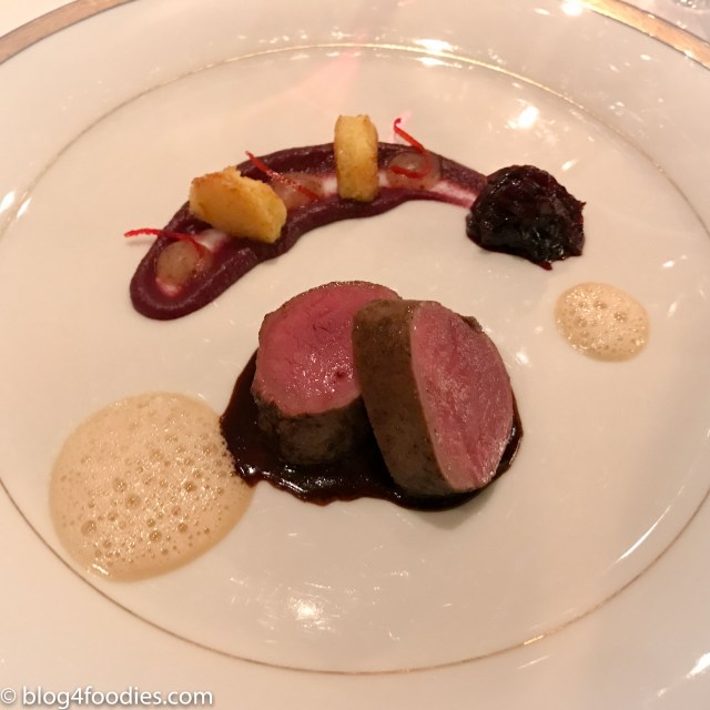 Saddle of roe deer and braised shoulder from the Bareiss hunting grounds with glazed and red cabbage and juniper glaze