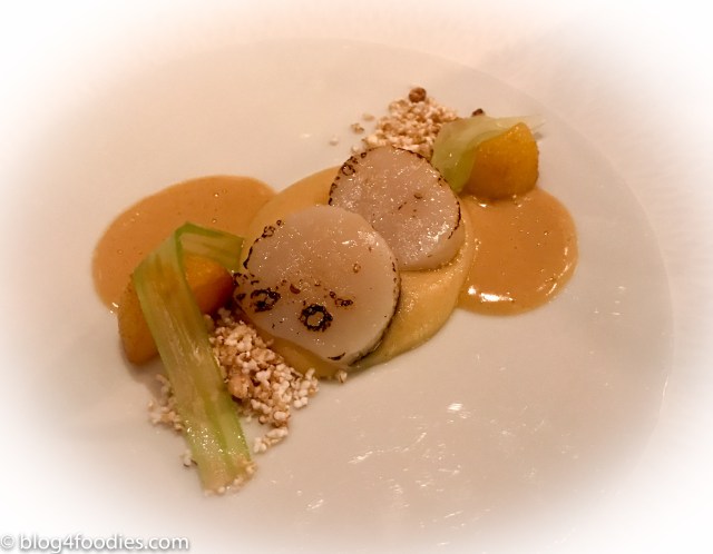 Flamed scallops with smoked potato cream celery and buckwheat